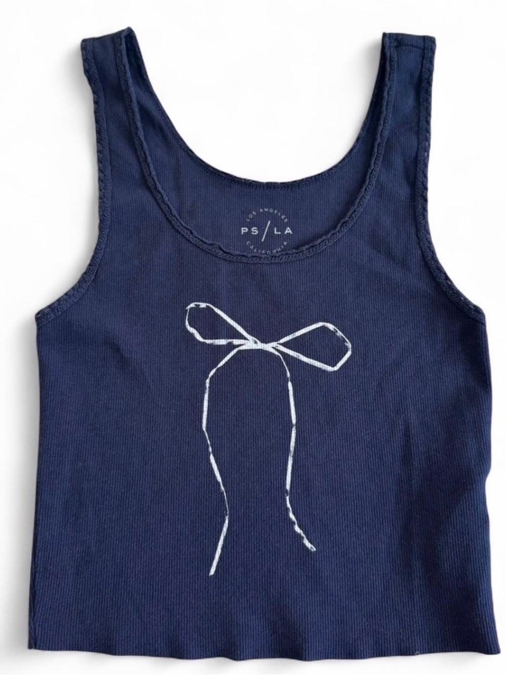 PacSun Navy Ribbed Tank with White Bow Graphic